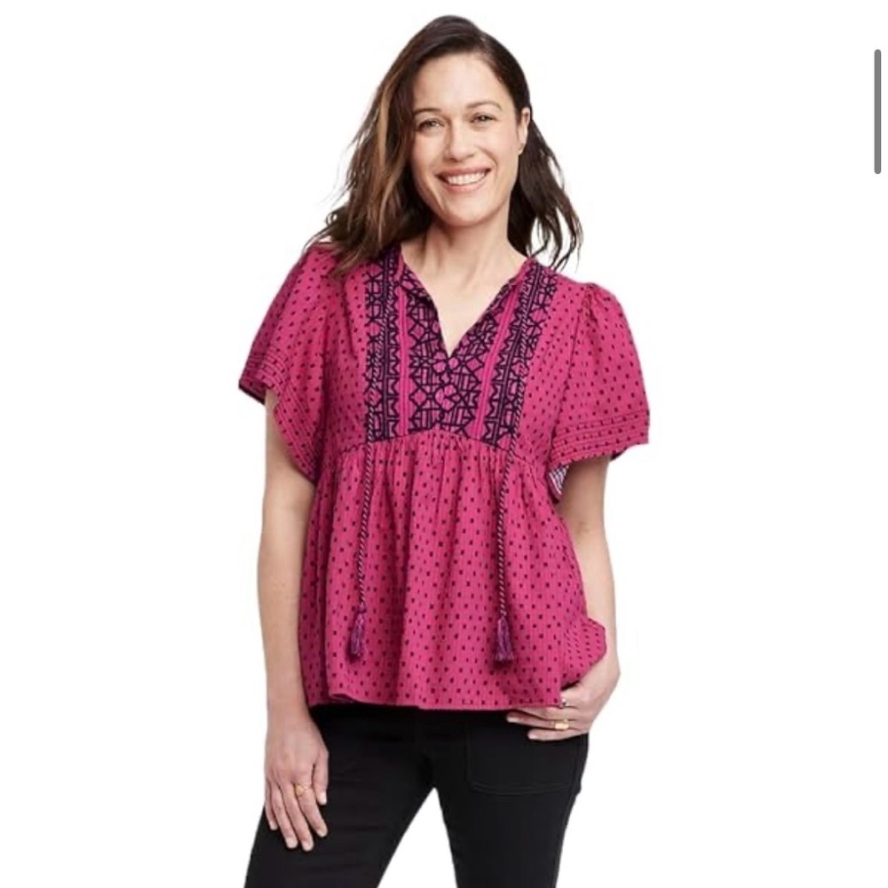 Knox Rose Pink Embroidered Top, Flutter Sleeves